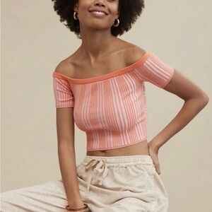 Aerie Peach Striped Off-Shoulder Crop Top
